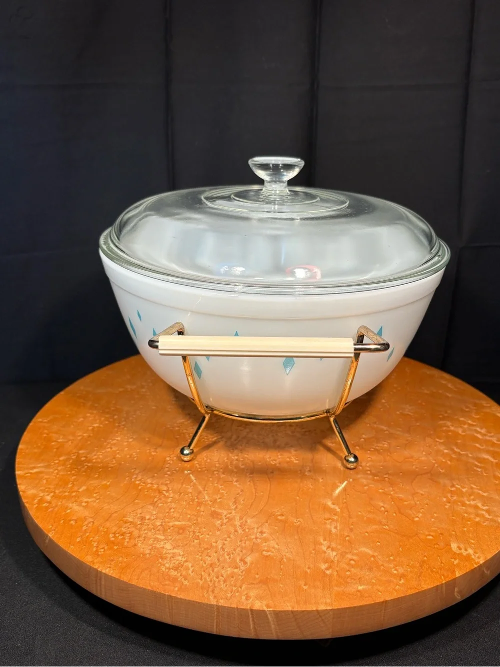 Vtg Pyrex Turquoise Diamonds Casserole Bowl Dainty Maid Set Lid Cradle
